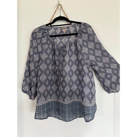Peasant Style Top with Puffy Long Sleeves Sz L Como Vintage Blue Lightweight - Picture 1 of 3
